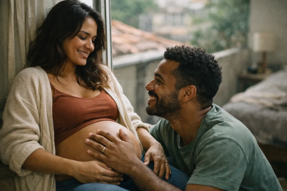 Casal à espera do primeiro filho, com a mão sobre a barriga, em casa