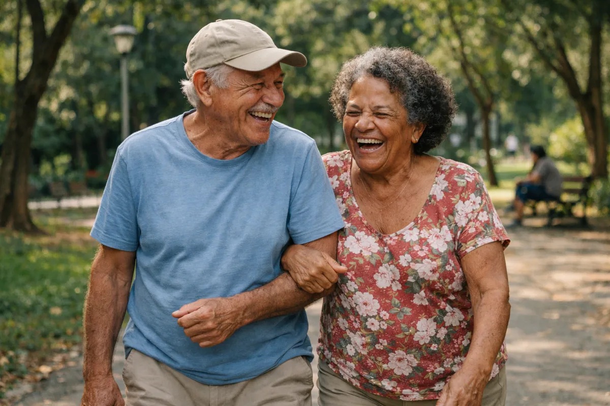 Casal de idosos sorrindo em uma caminhada no parque